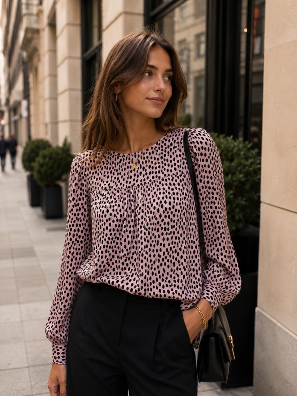 J. Crew Blush Pink Blouse with Black Spot Print